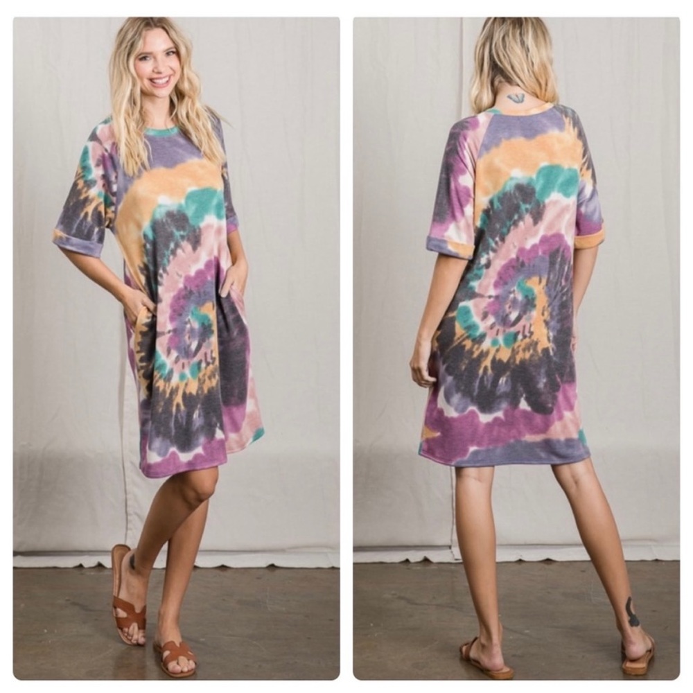 Women’s French Terry Spiral Tie Dye Short Sleeve Tee Dress With Pockets Boutique
